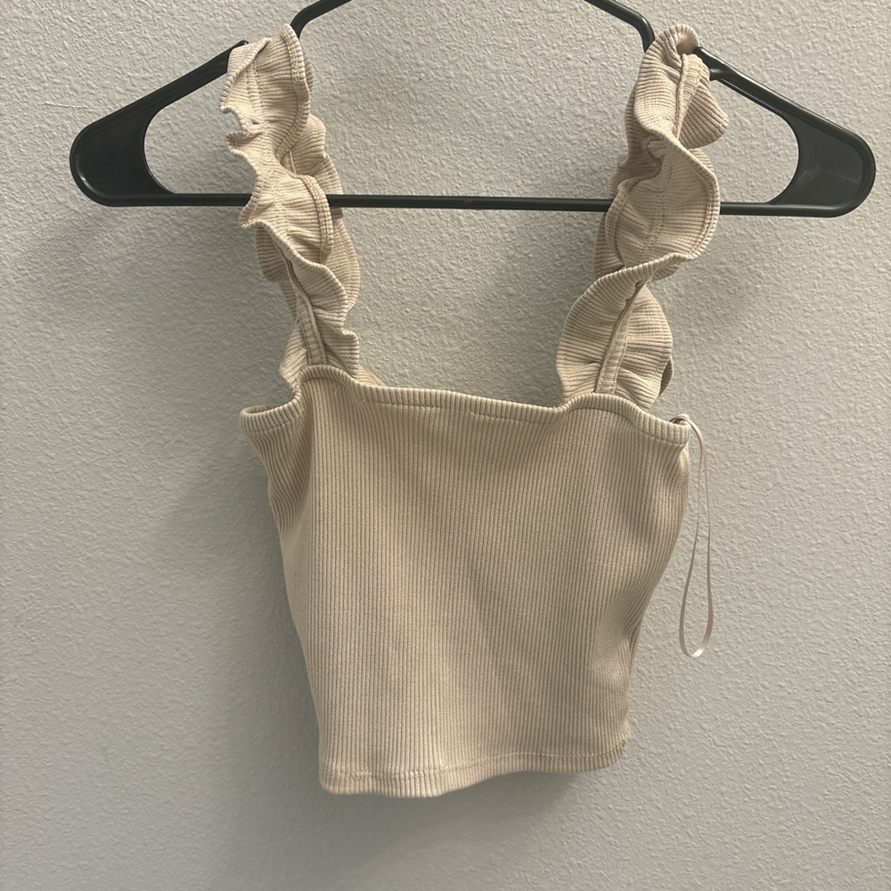 Zara ruffle ribbed strap crop top cream
